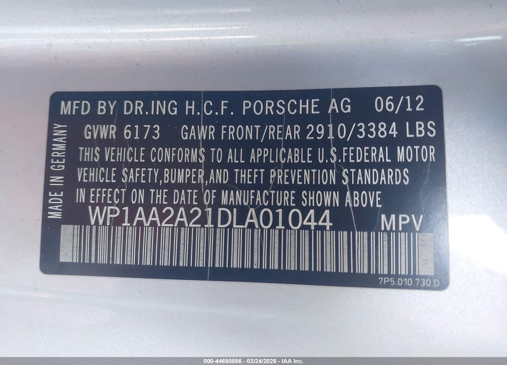 2013 PORSCHE CAYENNE VIN: WP1AA2A21DLA01044