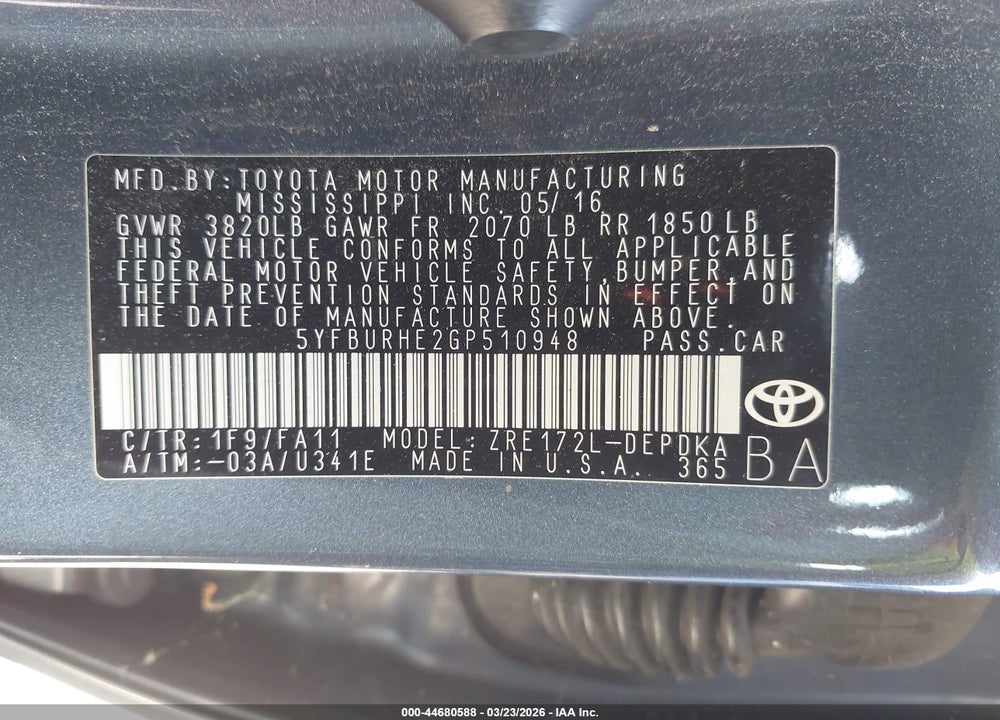 2016 TOYOTA COROLLA L VIN: 5YFBURHE2GP510948