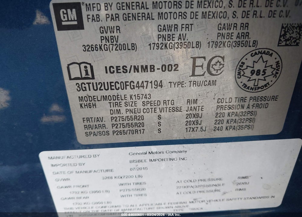 2015 GMC SIERRA 1500 SLE VIN: 3GTU2UEC0FG447194