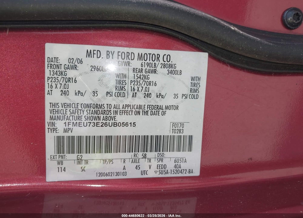 2006 FORD EXPLORER XLT VIN: 1FMEU73E26UB05615