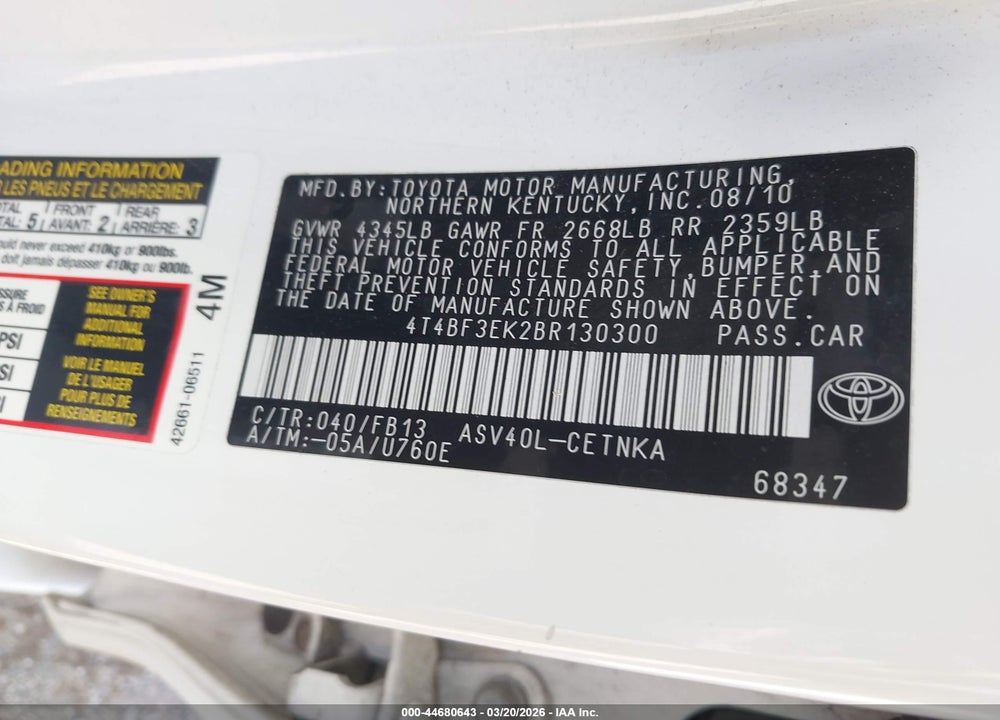 2011 TOYOTA CAMRY LE VIN: 4T4BF3EK2BR130300