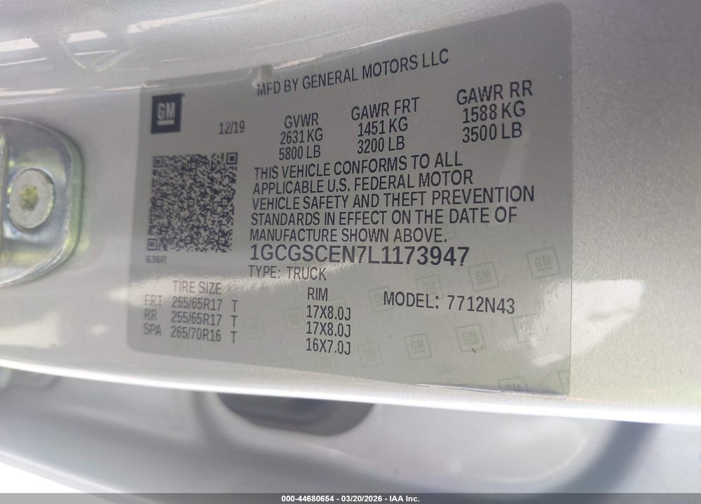 2020 CHEVROLET COLORADO 2WD  SHORT BOX LT VIN: 1GCGSCEN7L1173947