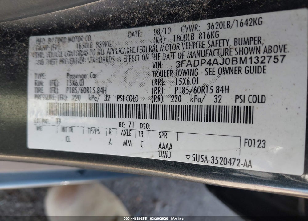 2011 FORD FIESTA S VIN: 3FADP4AJ0BM132757
