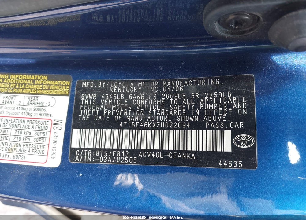 2007 TOYOTA CAMRY LE VIN: 4T1BE46KX7U022094