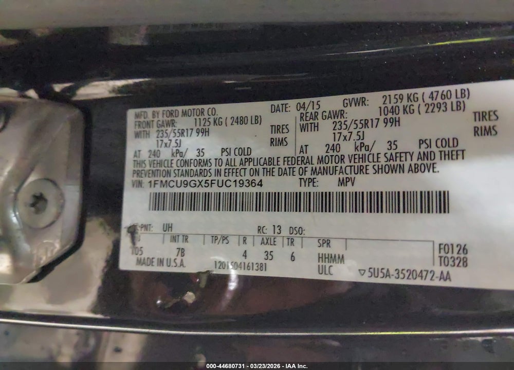 2015 FORD ESCAPE SE VIN: 1FMCU9GX5FUC19364