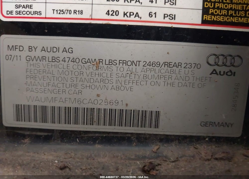 2012 AUDI A3 2.0T PREMIUM VIN: WAUMFAFM6CA025691
