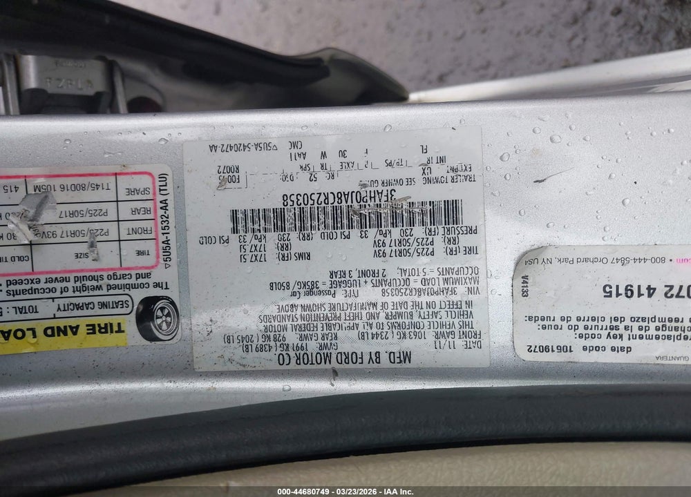 2012 FORD FUSION SEL VIN: 3FAHP0JA8CR250358
