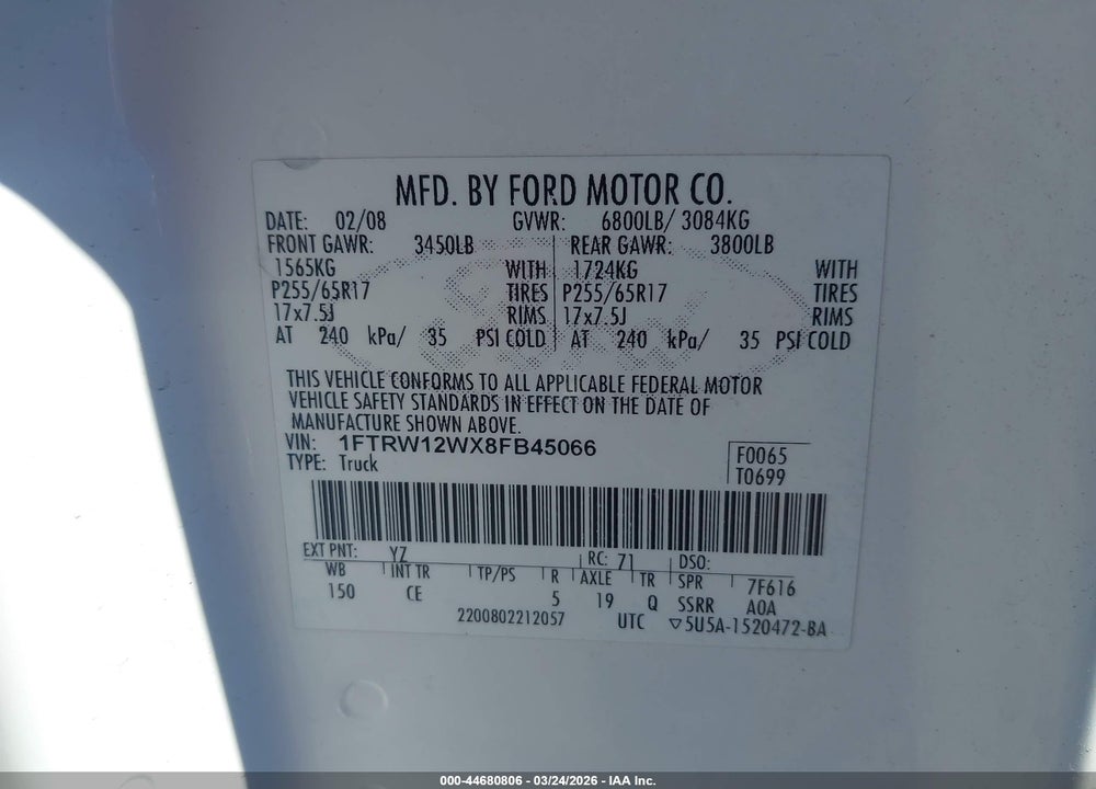 2008 FORD F-150 60TH ANNIVERSARY/FX2/XL/XLT VIN: 1FTRW12WX8FB45066