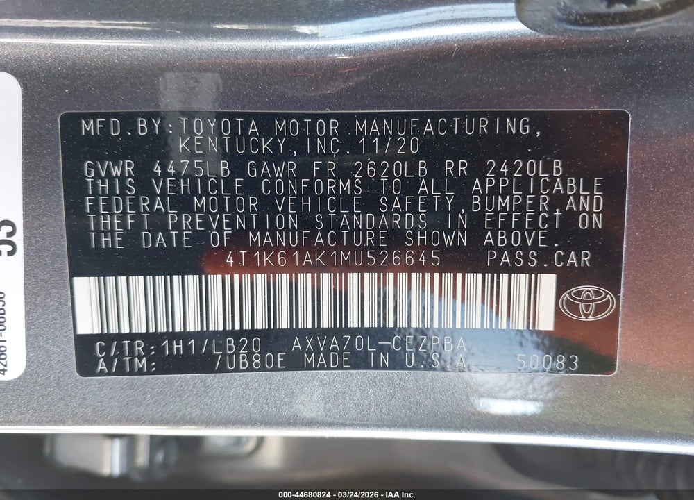 2021 TOYOTA CAMRY XSE VIN: 4T1K61AK1MU526645
