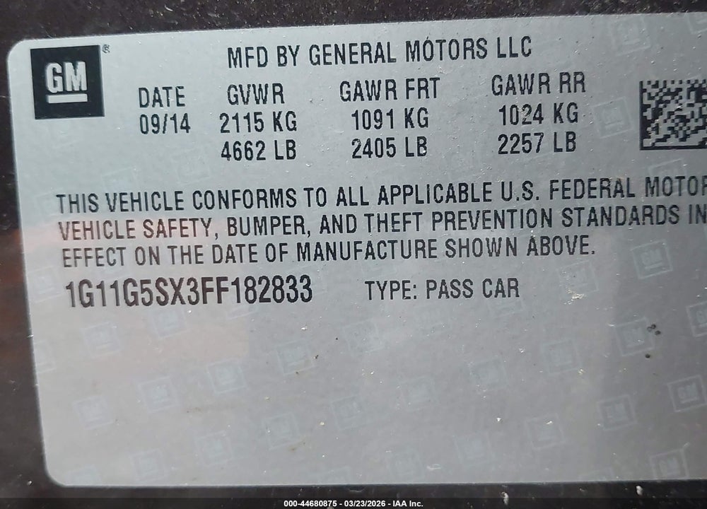 2015 CHEVROLET MALIBU 2LZ VIN: 1G11G5SX3FF182833