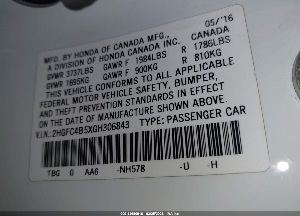 2016 HONDA CIVIC LX VIN: 2HGFC4B5XGH306843