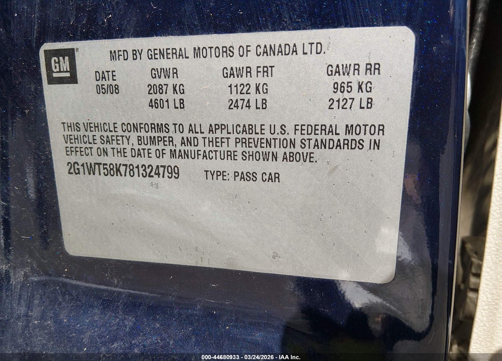 2008 CHEVROLET IMPALA LT VIN: 2G1WT58K781324799