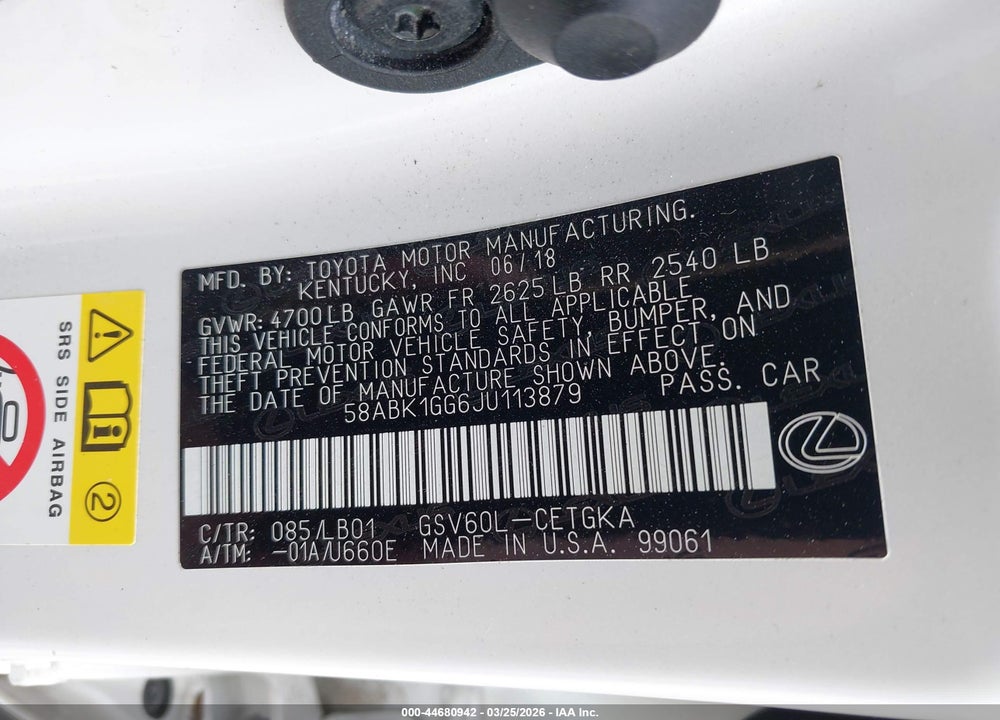 2018 LEXUS ES 350 VIN: 58ABK1GG6JU113879