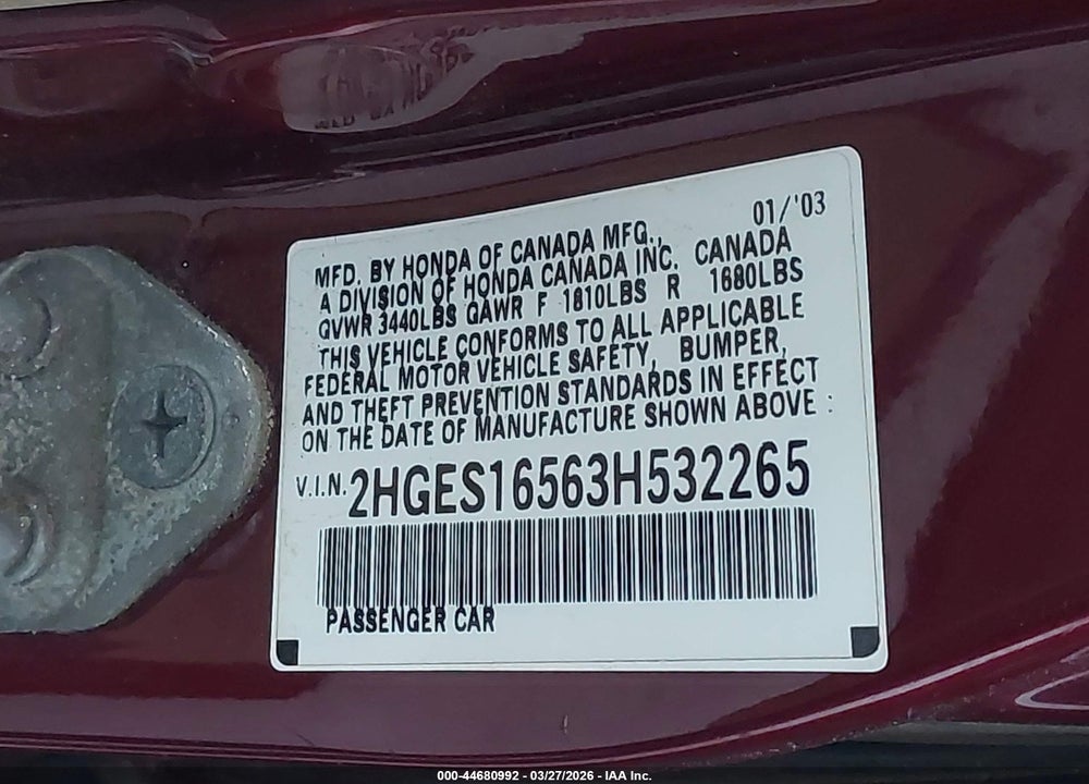 2003 HONDA CIVIC LX VIN: 2HGES16563H532265