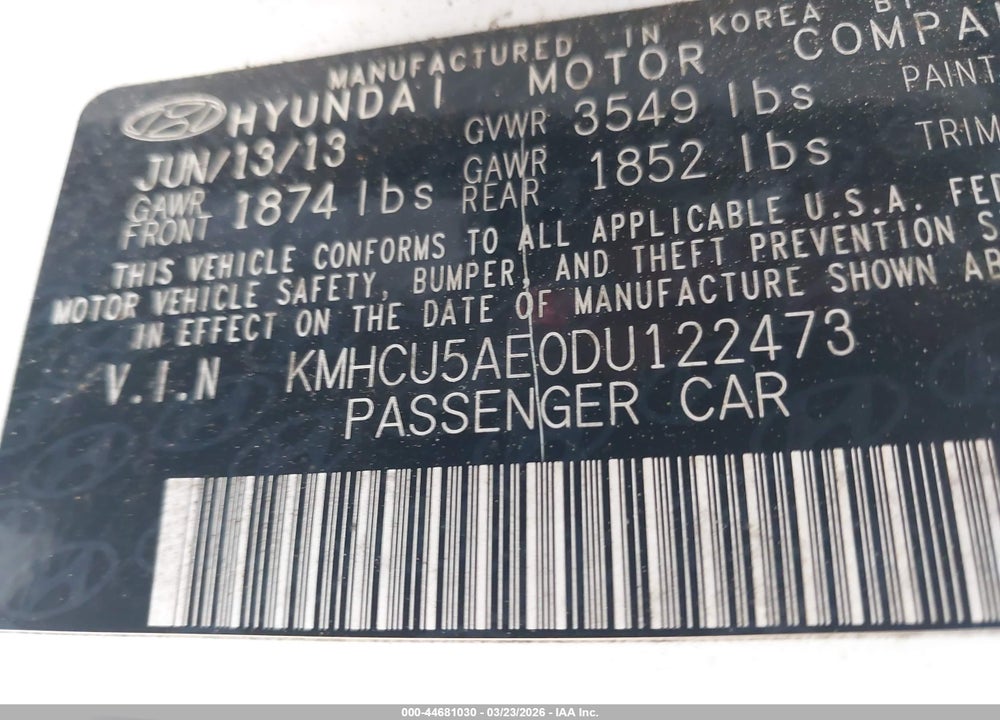 2013 HYUNDAI ACCENT SE VIN: KMHCU5AE0DU122473