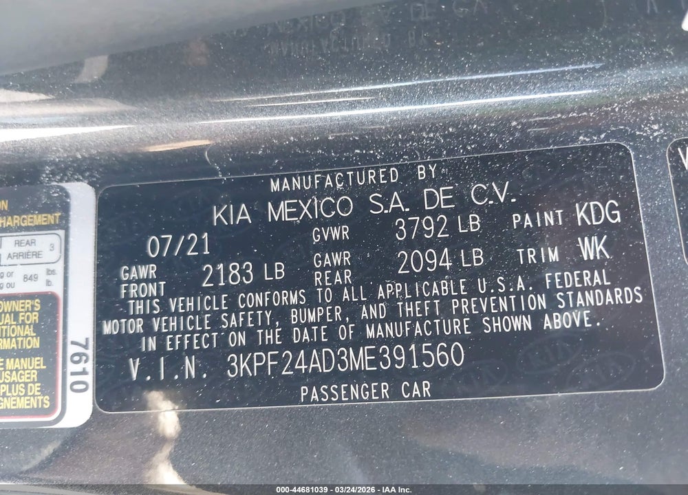 2021 KIA FORTE LXS VIN: 3KPF24AD3ME391560