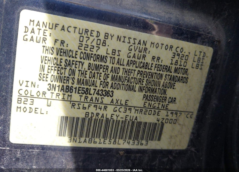 2008 NISSAN SENTRA 2.0S VIN: 3N1AB61E58L743363