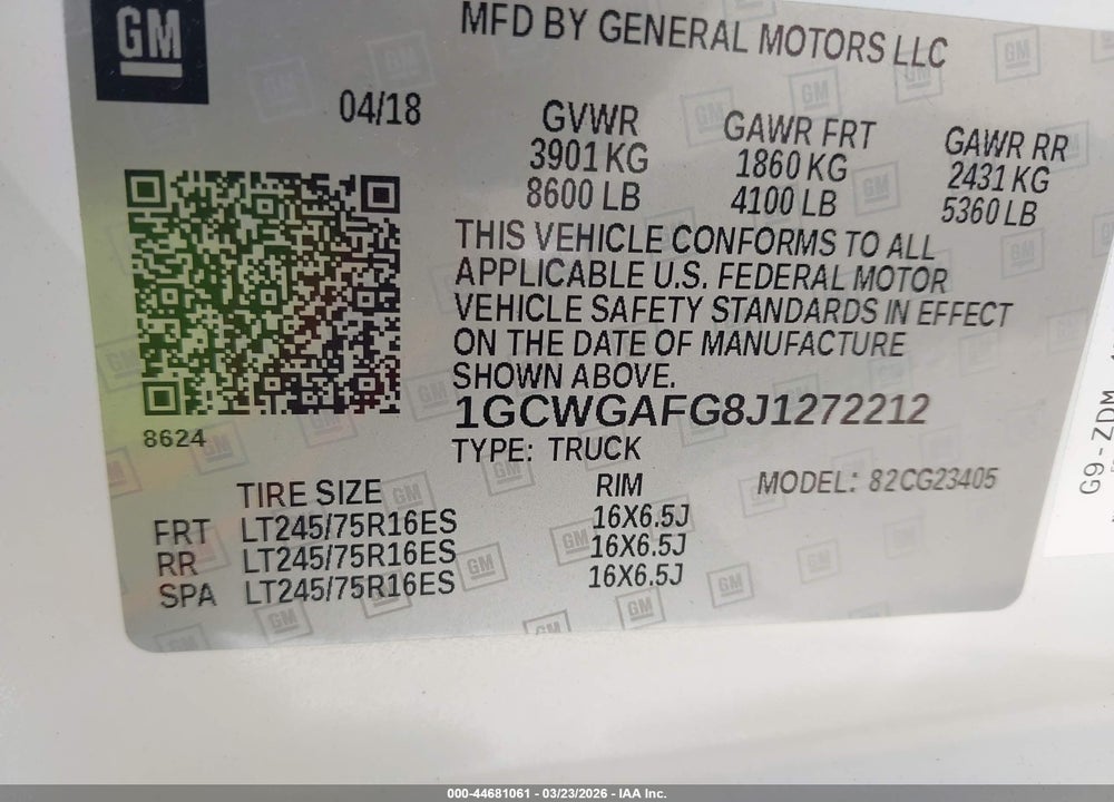 2018 CHEVROLET EXPRESS 2500 WORK VAN VIN: 1GCWGAFG8J1272212