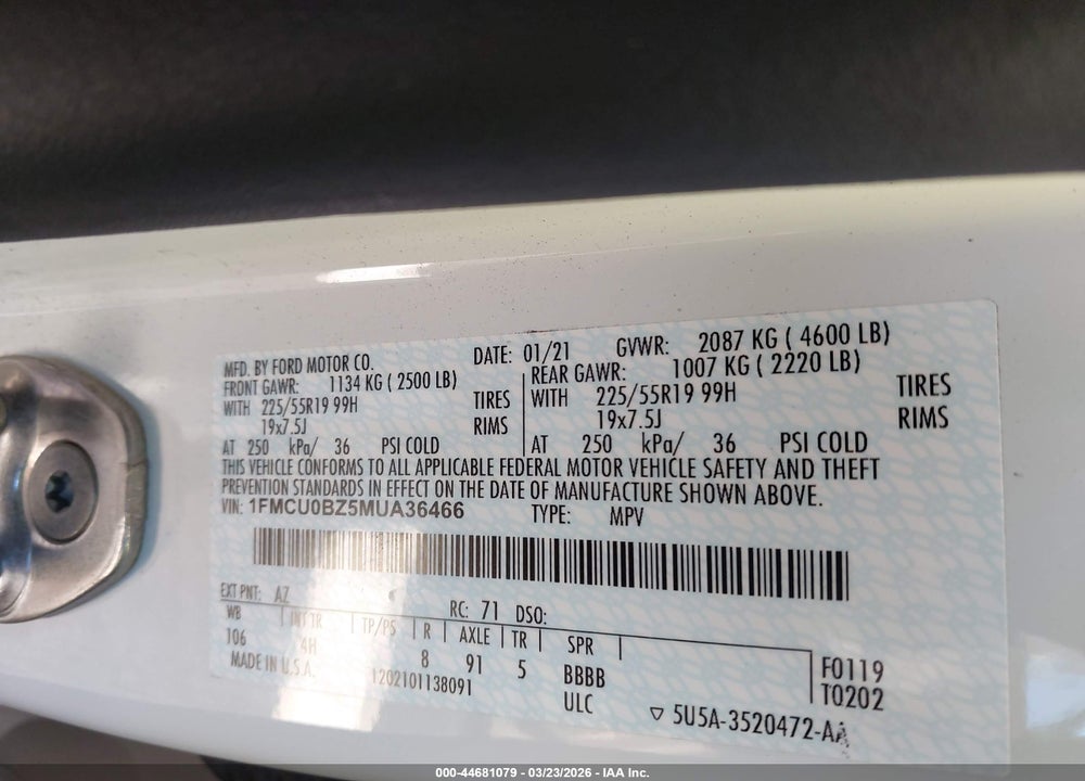 2021 FORD ESCAPE SE HYBRID VIN: 1FMCU0BZ5MUA36466