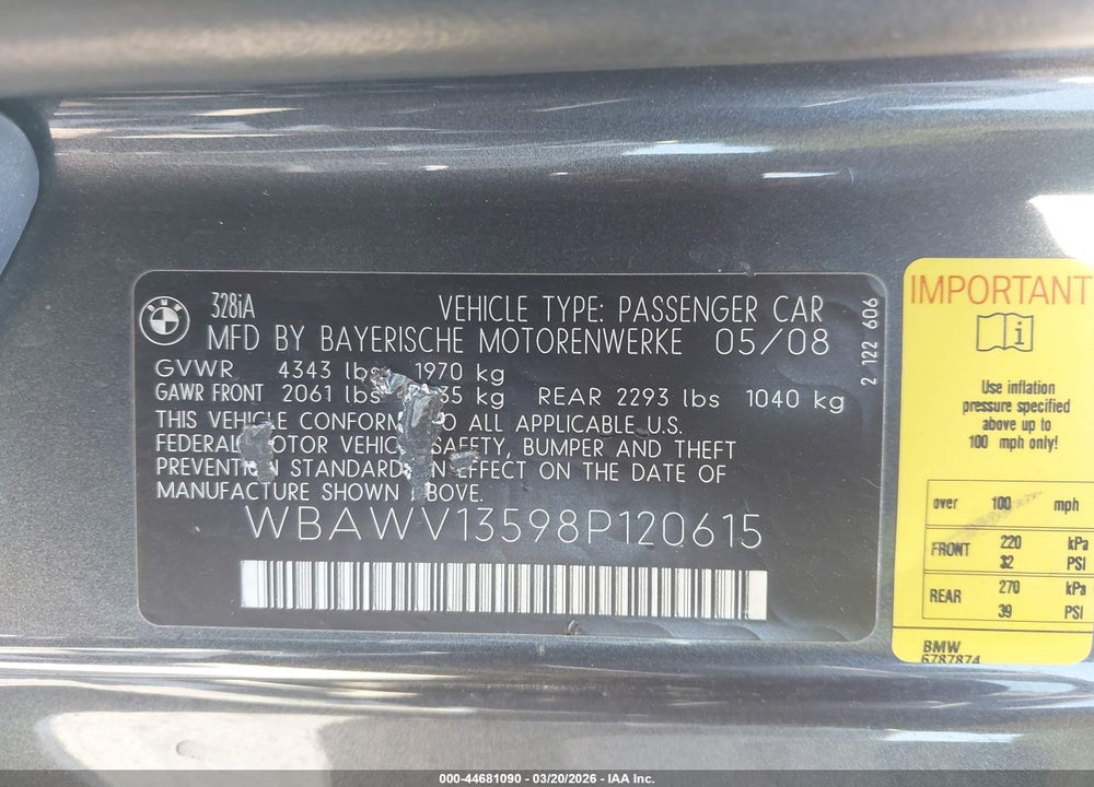 2008 BMW 328I VIN: WBAWV13598P120615