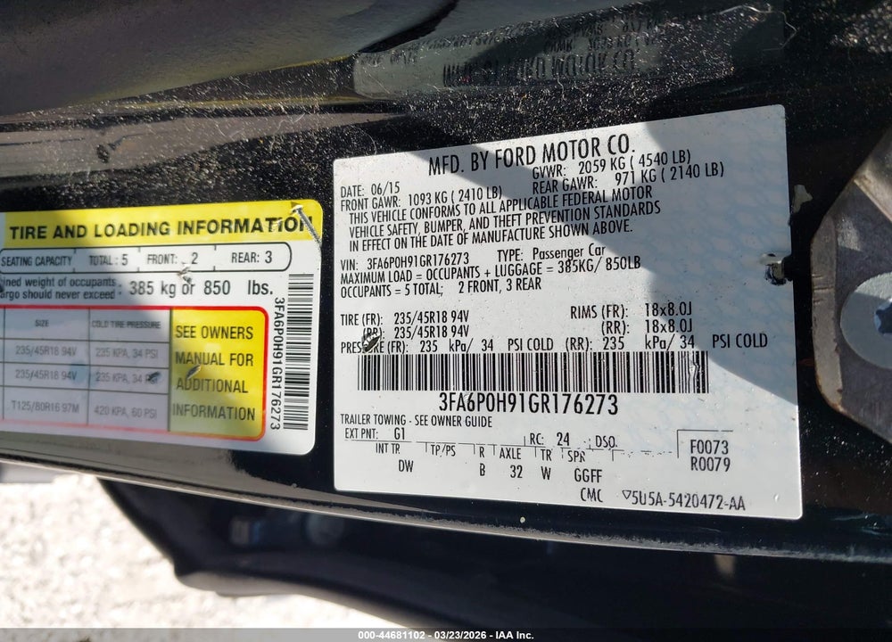 2016 FORD FUSION SE VIN: 3FA6P0H91GR176273