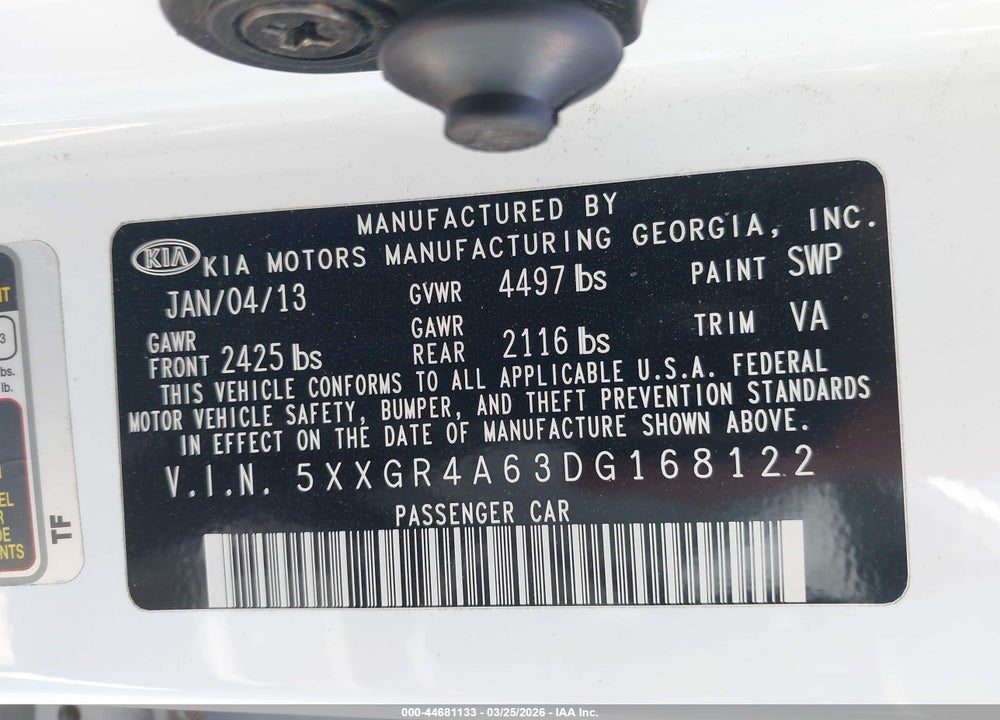2013 KIA OPTIMA SX VIN: 5XXGR4A63DG168122