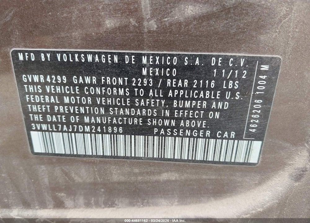 2013 VOLKSWAGEN JETTA 2.0L TDI VIN: 3VWLL7AJ7DM241896