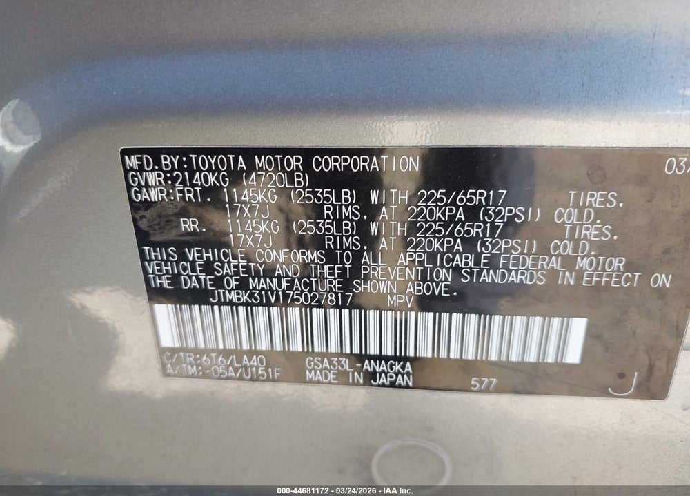 2007 TOYOTA RAV4 LIMITED V6 VIN: JTMBK31V175027817