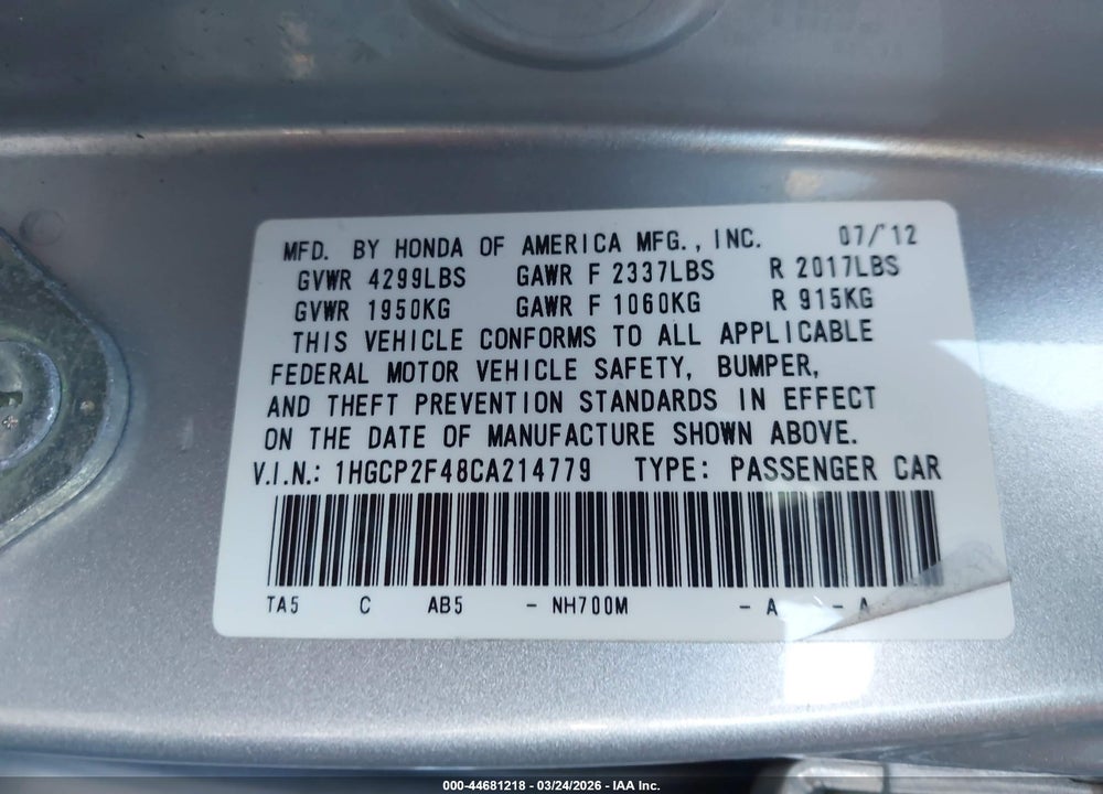 2012 HONDA ACCORD 2.4 LX-P VIN: 1HGCP2F48CA214779