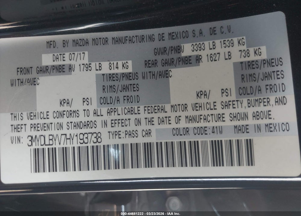 2017 TOYOTA YARIS IA VIN: 3MYDLBYV7HY193738