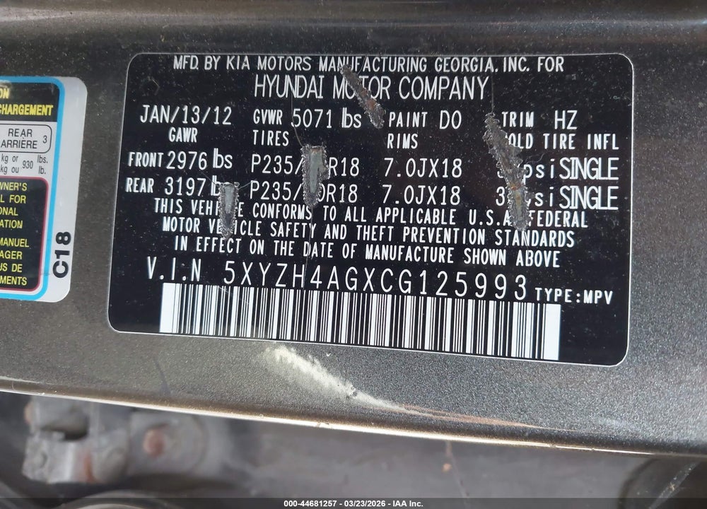 2012 HYUNDAI SANTA FE SE VIN: 5XYZH4AGXCG125993