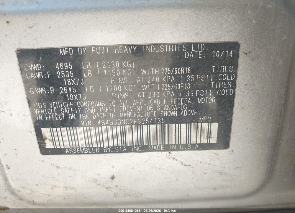 2015 SUBARU OUTBACK 2.5I LIMITED VIN: 4S4BSBNC2F3254135