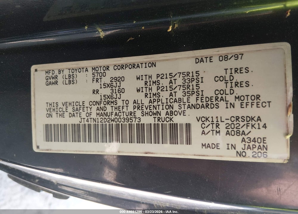 1998 TOYOTA T100 DX V6 VIN: JT4TN12D2W0039573