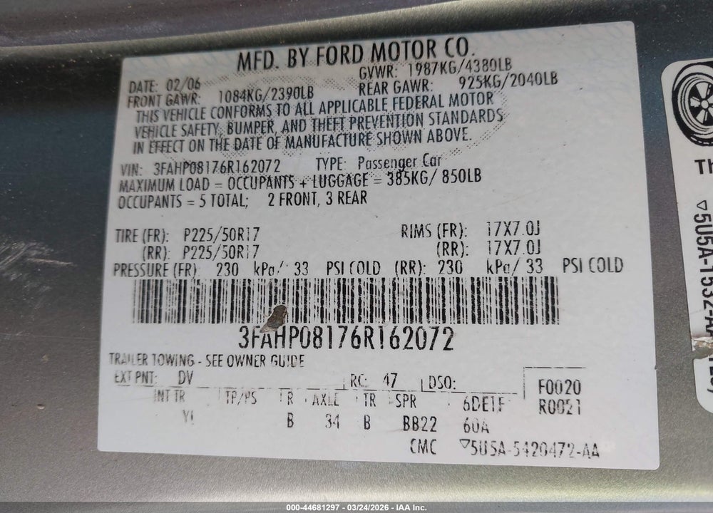 2006 FORD FUSION SEL VIN: 3FAHP08176R162072