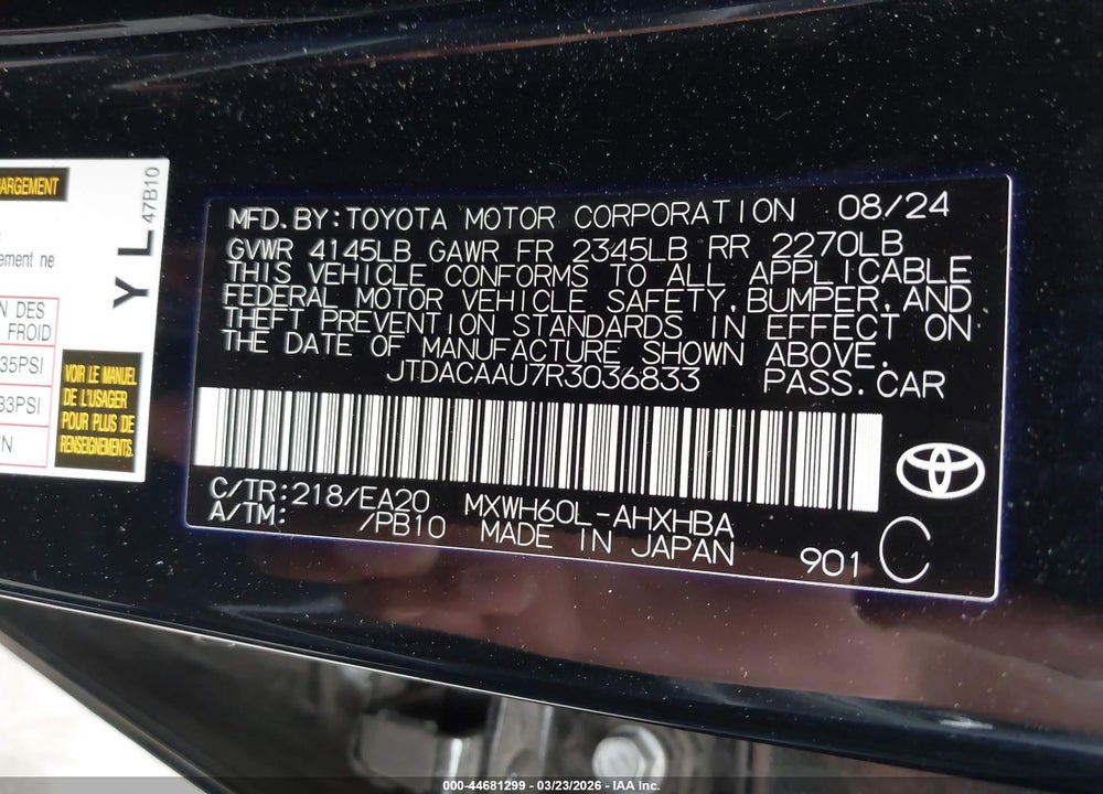 2024 TOYOTA PRIUS LIMITED VIN: JTDACAAU7R3036833