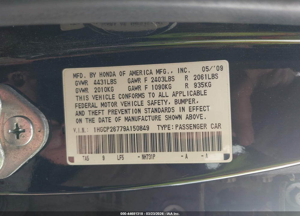 2009 HONDA ACCORD 2.4 EX VIN: 1HGCP26779A150849