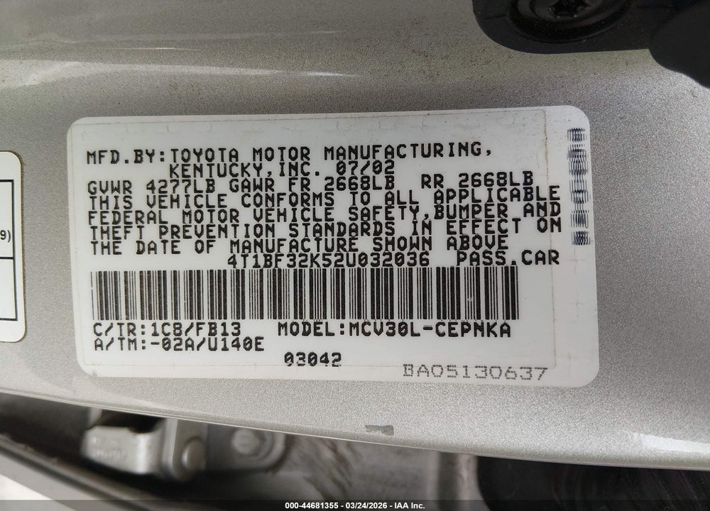 2002 TOYOTA CAMRY LE V6 VIN: 4T1BF32K52U032036