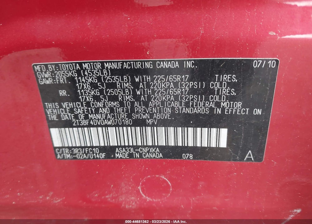 2010 TOYOTA RAV4 VIN: 2T3BF4DV0AW070180