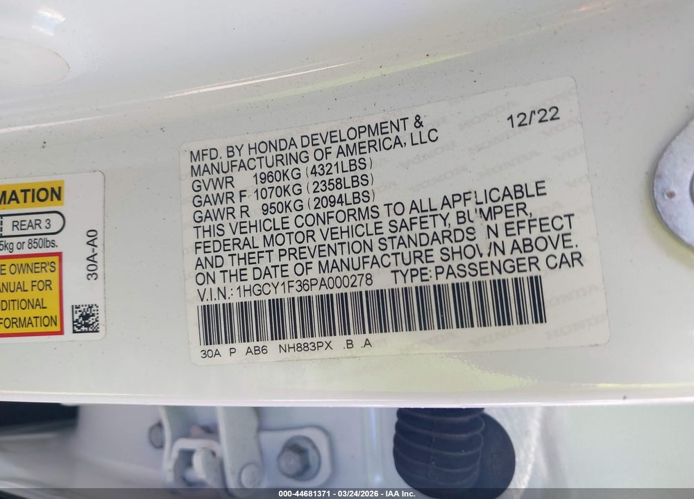 2023 HONDA ACCORD EX VIN: 1HGCY1F36PA000278