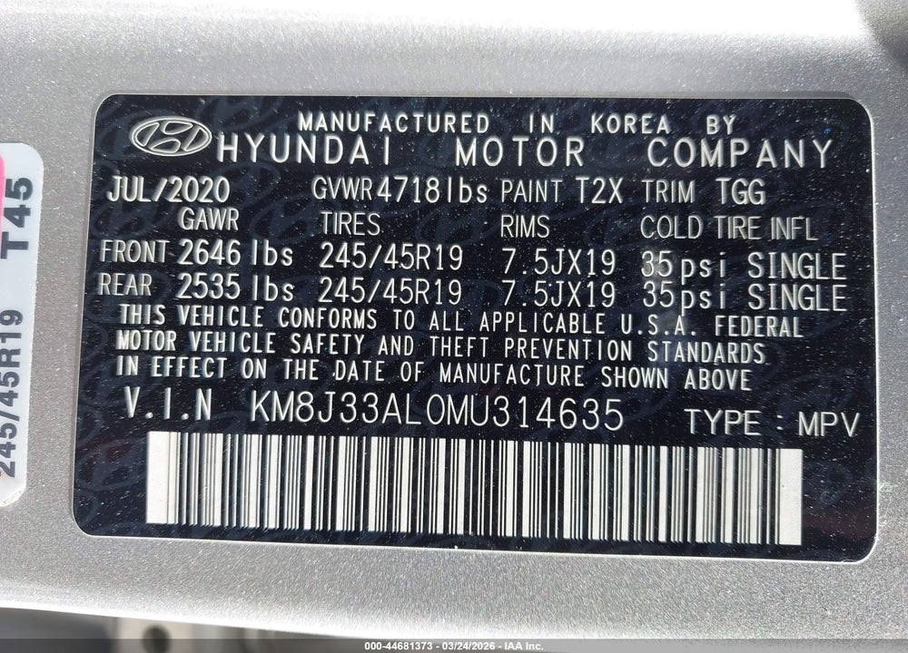 2021 HYUNDAI TUCSON SPORT VIN: KM8J33AL0MU314635