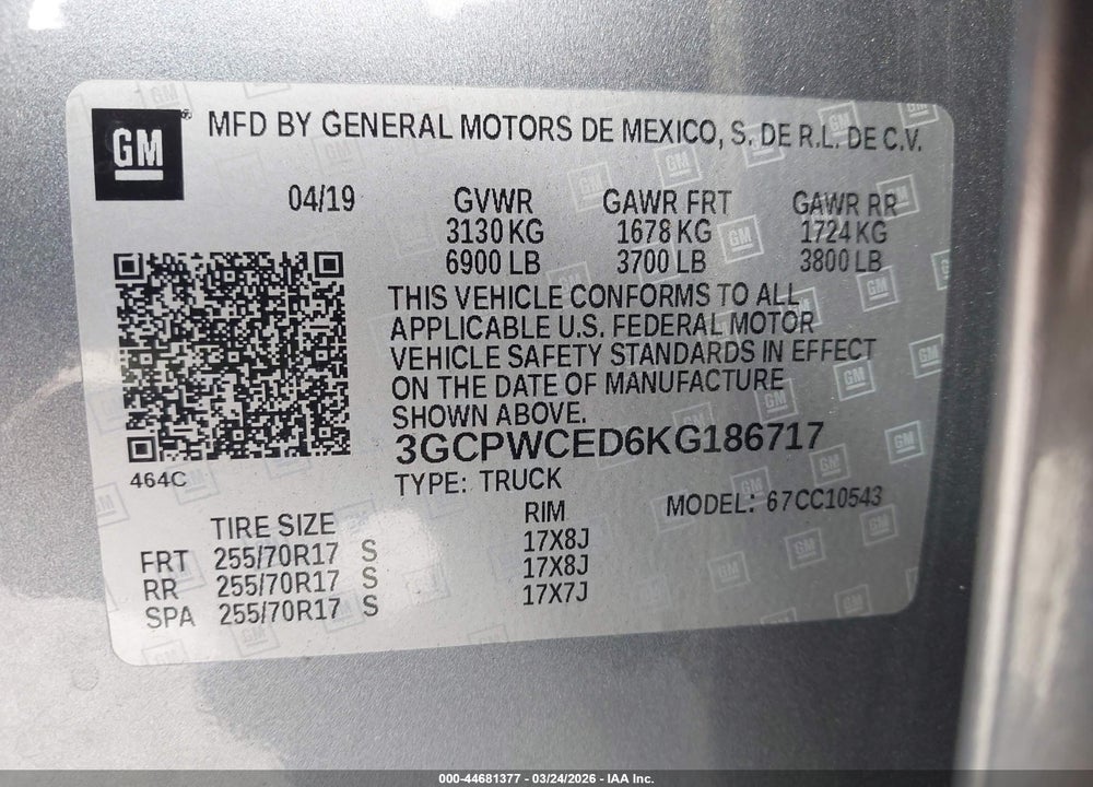 2019 CHEVROLET SILVERADO 1500 LT VIN: 3GCPWCED6KG186717