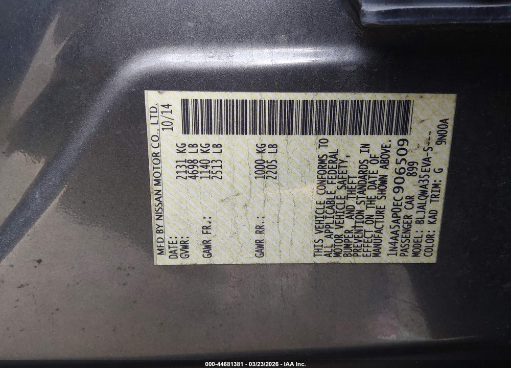 2014 NISSAN MAXIMA 3.5 S VIN: 1N4AA5AP0EC906509