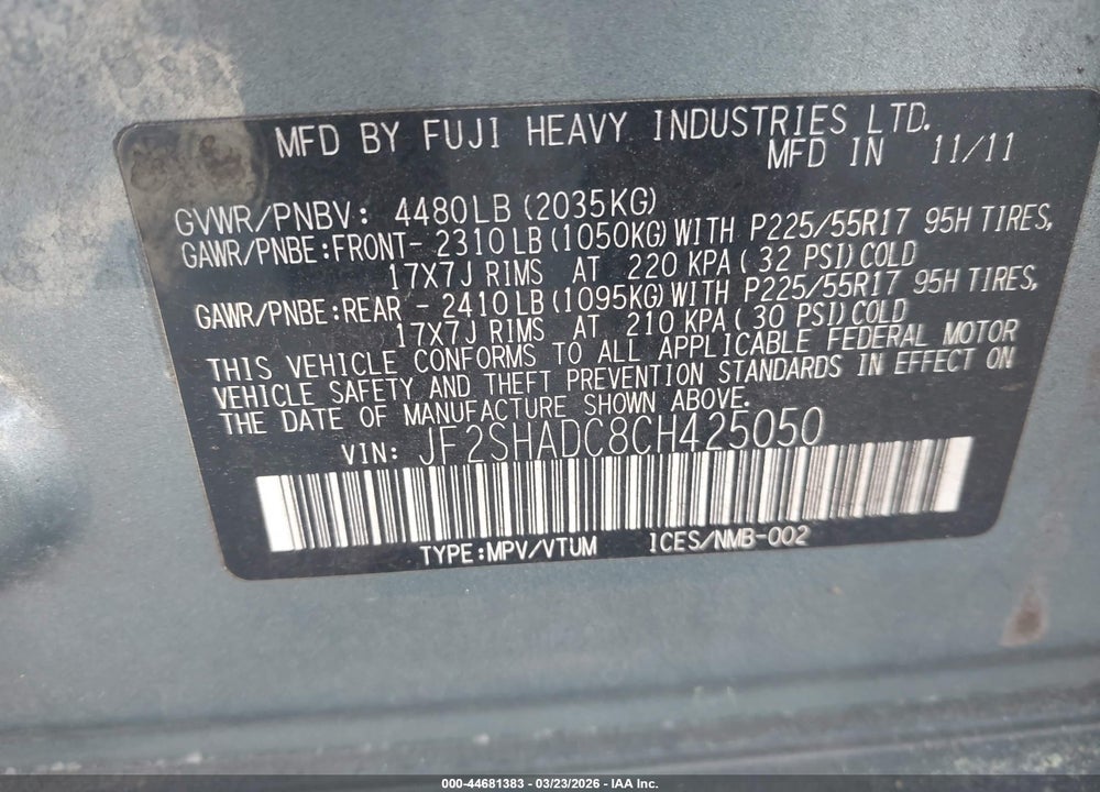 2012 SUBARU FORESTER 2.5X PREMIUM VIN: JF2SHADC8CH425050