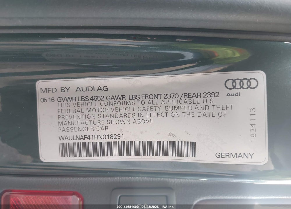 2017 AUDI A4 2.0T PREMIUM VIN: WAULNAF41HN018291