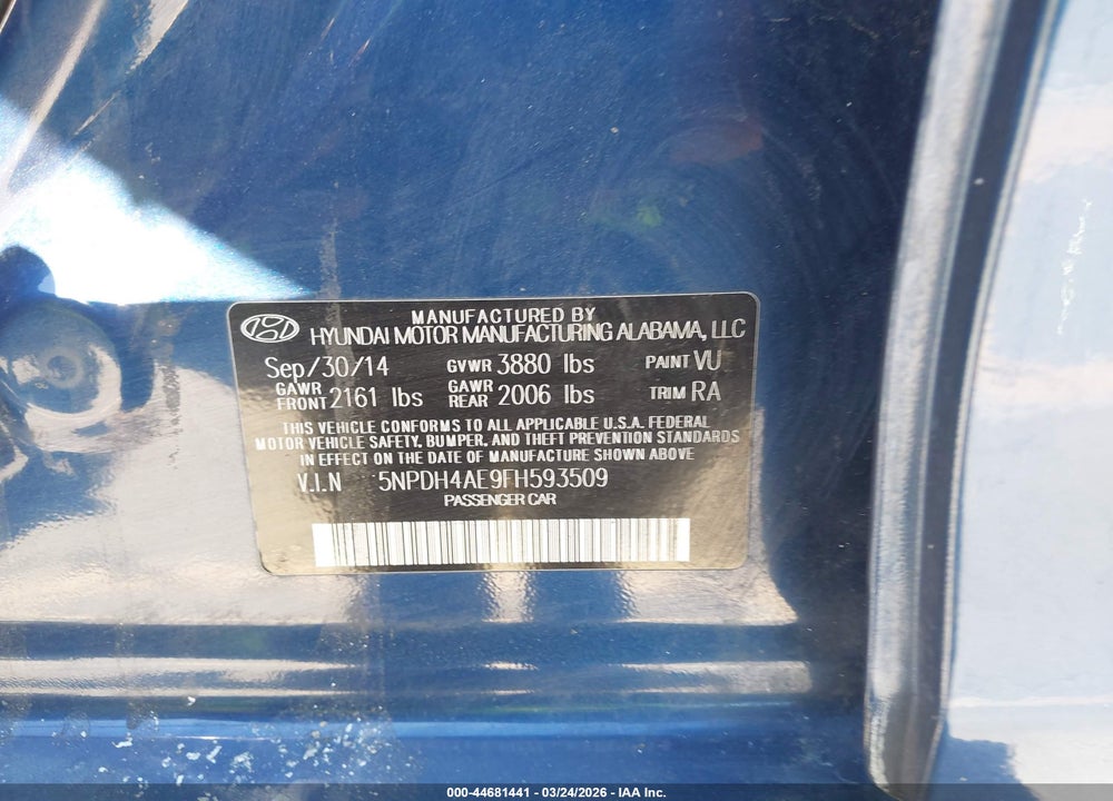2015 HYUNDAI ELANTRA SE VIN: 5NPDH4AE9FH593509