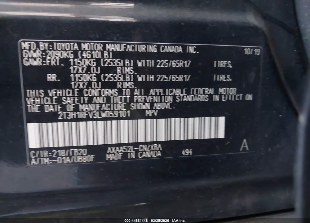 2020 TOYOTA RAV4 LE VIN: 2T3H1RFV3LW059101