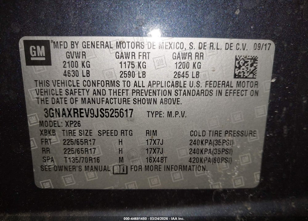 2018 CHEVROLET EQUINOX LS VIN: 3GNAXREV9JS525617