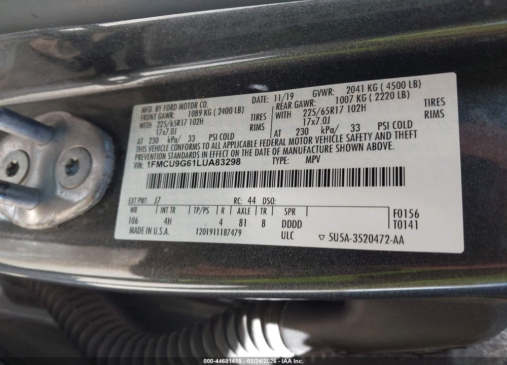 2020 FORD ESCAPE SE VIN: 1FMCU9G61LUA83298