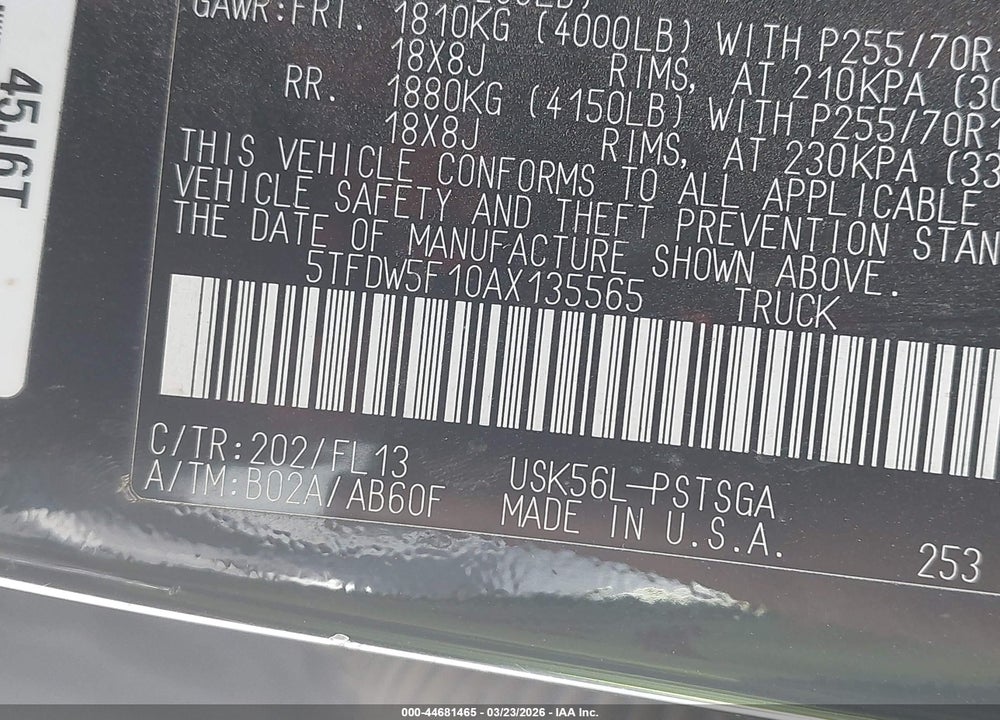 2010 TOYOTA TUNDRA GRADE 5.7L V8 VIN: 5TFDW5F10AX135565
