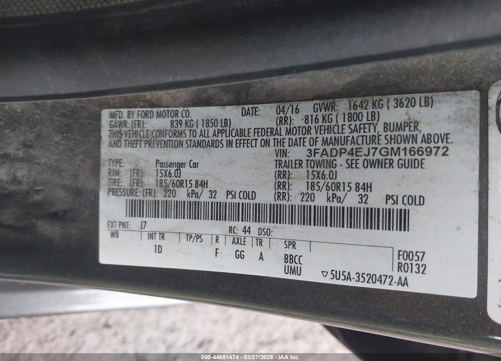 2016 FORD FIESTA SE VIN: 3FADP4EJ7GM166972